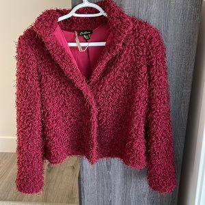 Laura’s CARTISE Adorable Retro Red Boucle fringed Jacket with hooks buttons.